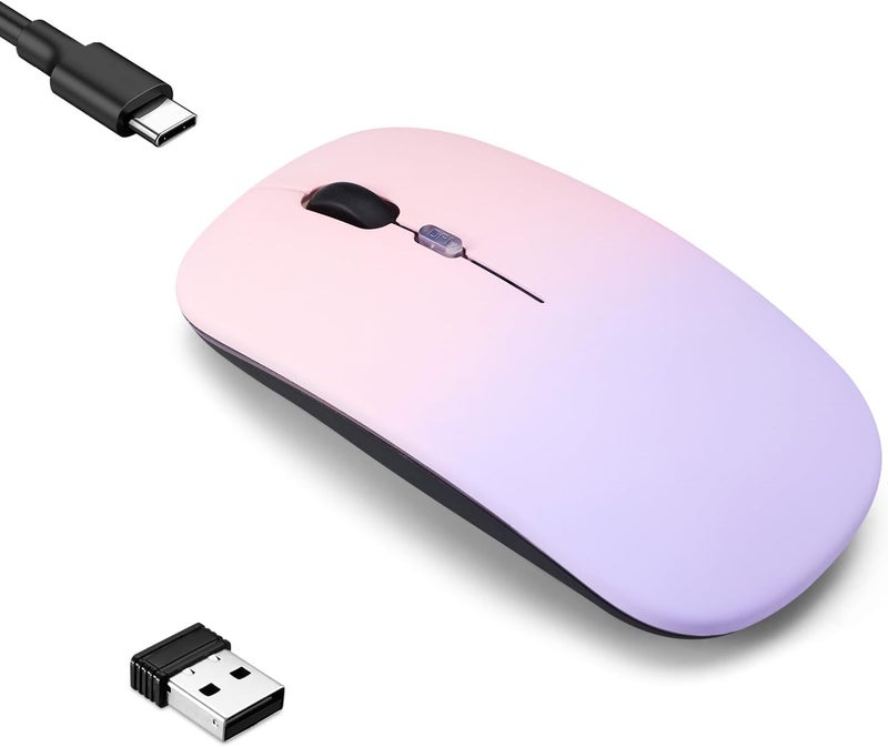 Guiheng Wireless Bluetooth Mouse,LED Dual Mode Rechargeable Silent Slim Laptop Mouse,Portable(BT5.2+USB Receiver) Dual Mode Computer Mice,for Laptop,Desktop Computer,ipad Tablet,Phone,TV (Pinkish purple) - Image 1